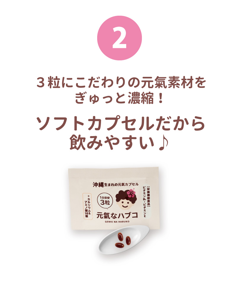 2.3粒にこだわりの元氣素材をぎゅっと濃縮！ソフトカプセルだから飲みやすい♪